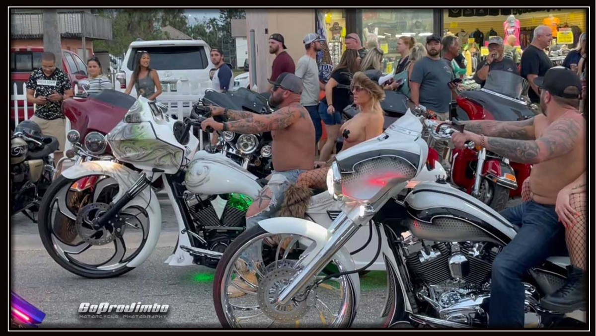 Couple on Custom bike on Main Street Daytona Beach